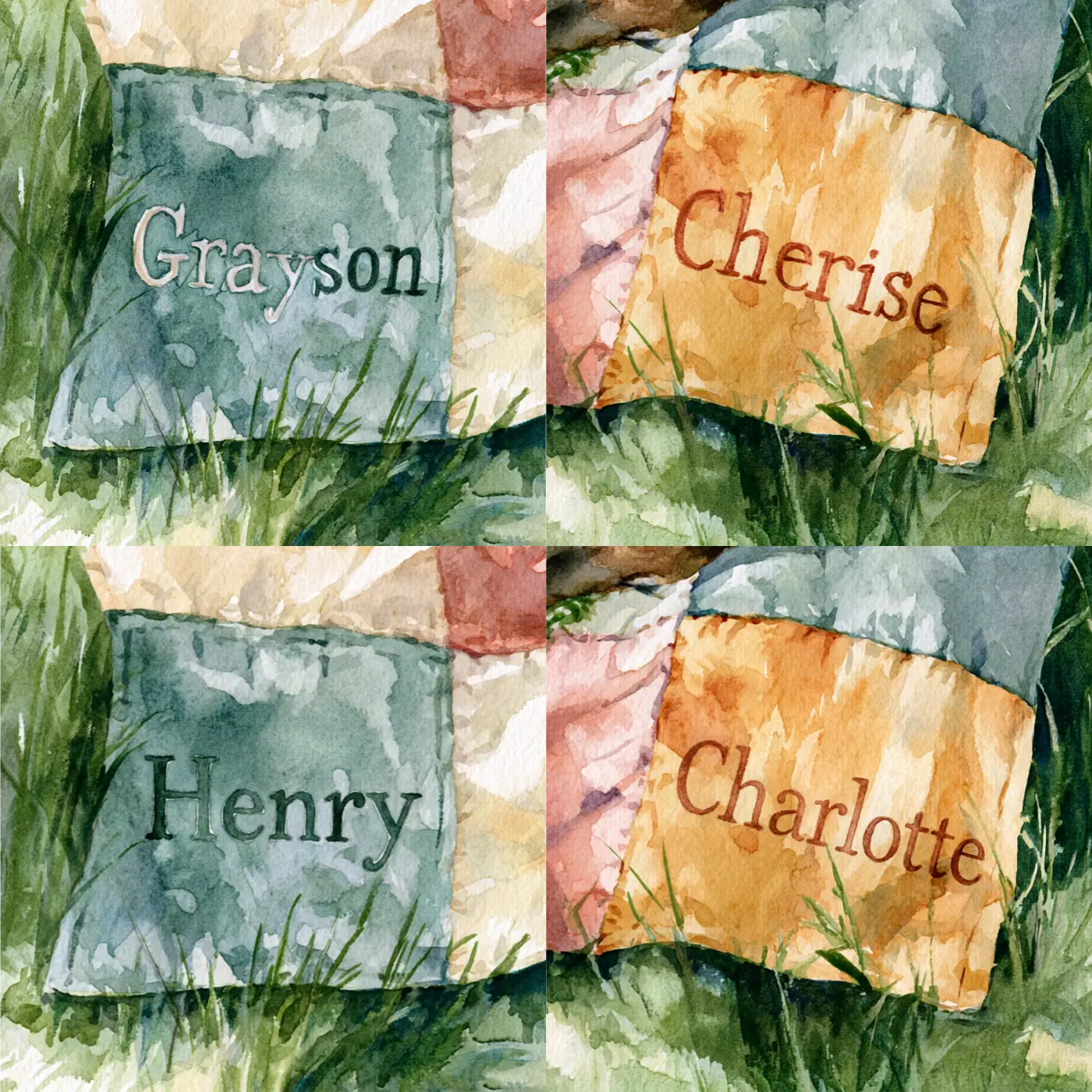 Four name preview examples of Two Fawns and the Quilt Personalized Wall Mural by Whimsy Tots