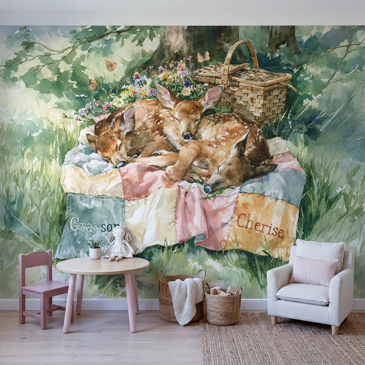 Two Fawns and the Quilt Personalized Wall Mural in playroom setting by Whimsy Tots