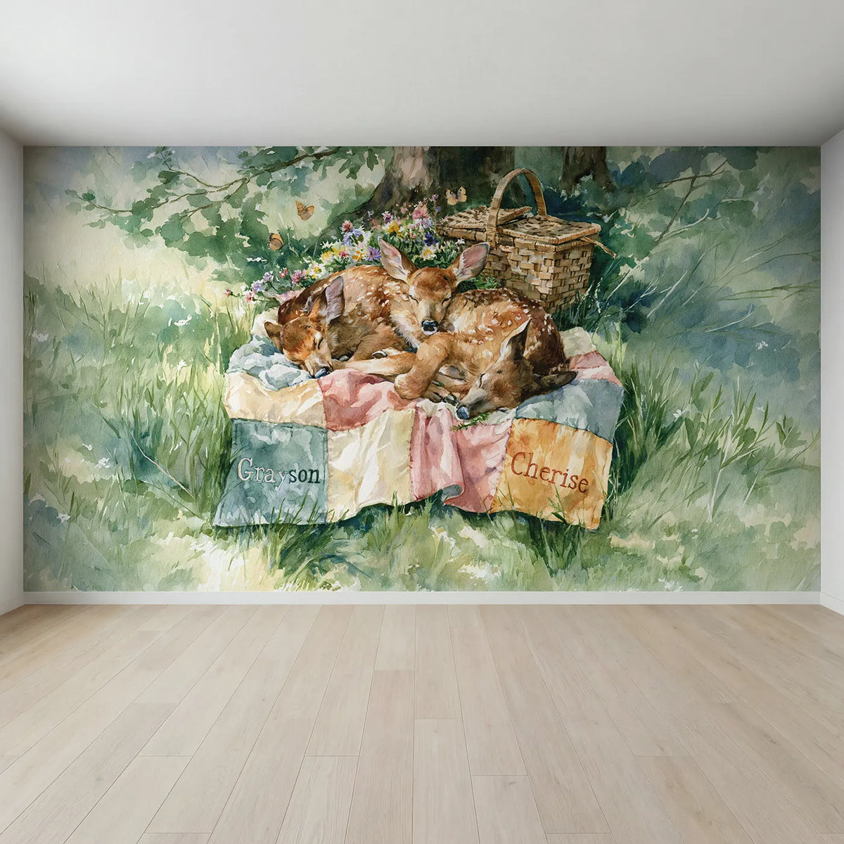 Full view of Two Fawns and the Quilt Personalized Wall Mural by Whimsy Tots