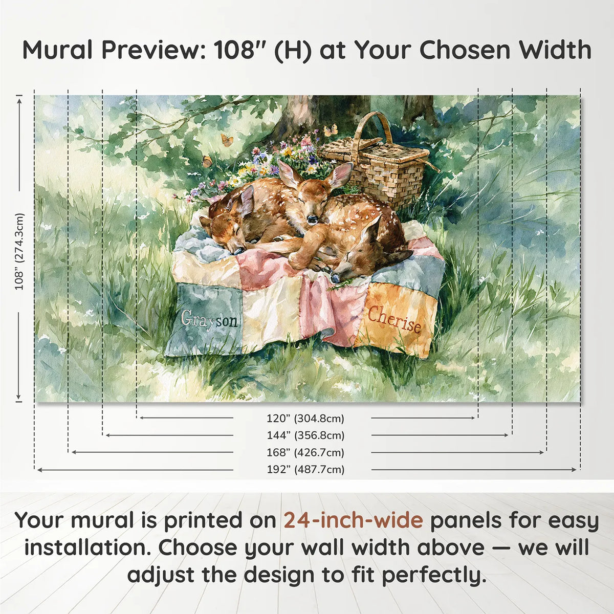 Panel layout and dimensions for Two Fawns and the Quilt Personalized Wall Mural by Whimsy Tots
