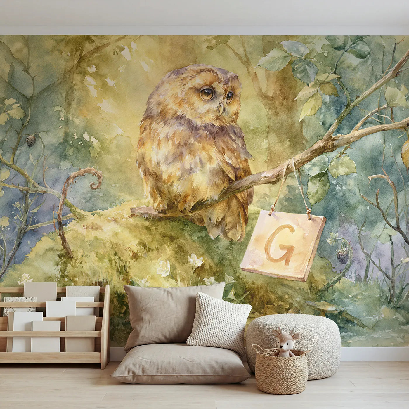 Watercolor owl and grown moss letter personalized wall mural with living initial by Whimsy Tots