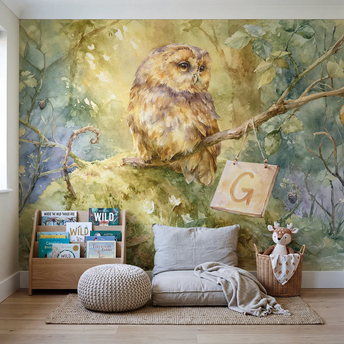 Owl and the Moss Letter Personalized Wall Mural in playroom setting by Whimsy Tots