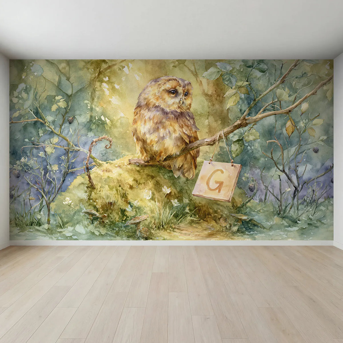 Full view of Owl and the Moss Letter Personalized Wall Mural by Whimsy Tots