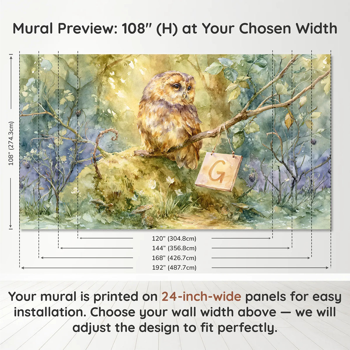 Panel layout and dimensions for Owl and the Moss Letter Personalized Wall Mural by Whimsy Tots