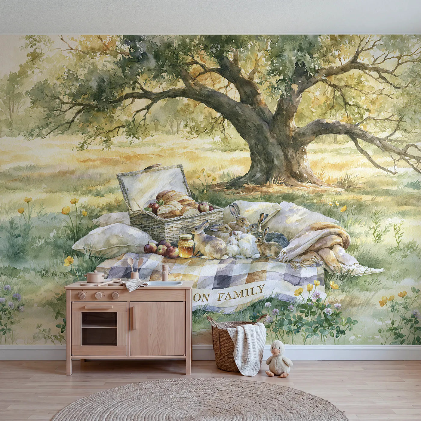 Watercolor family picnic quilt personalized wall mural with embroidered edge band by Whimsy Tots