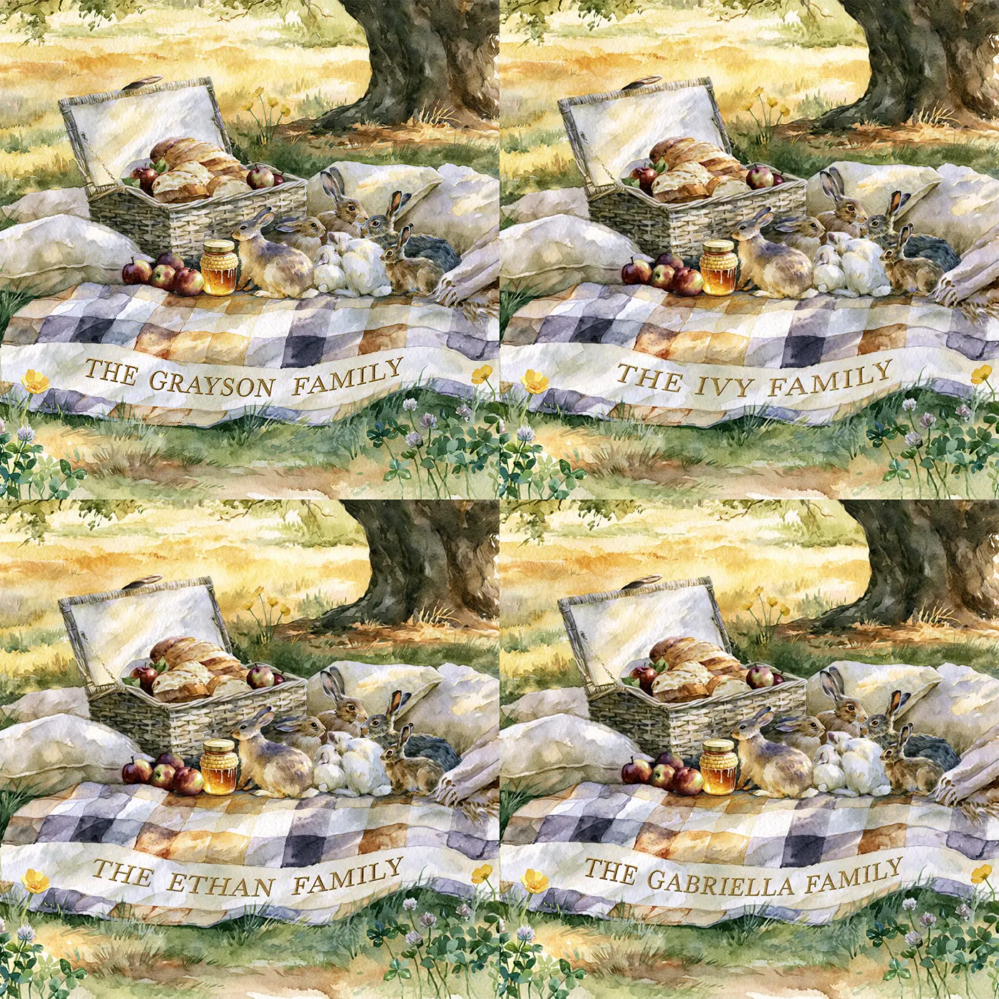 Four name preview examples of Family Picnic Quilt Personalized Wall Mural by Whimsy Tots