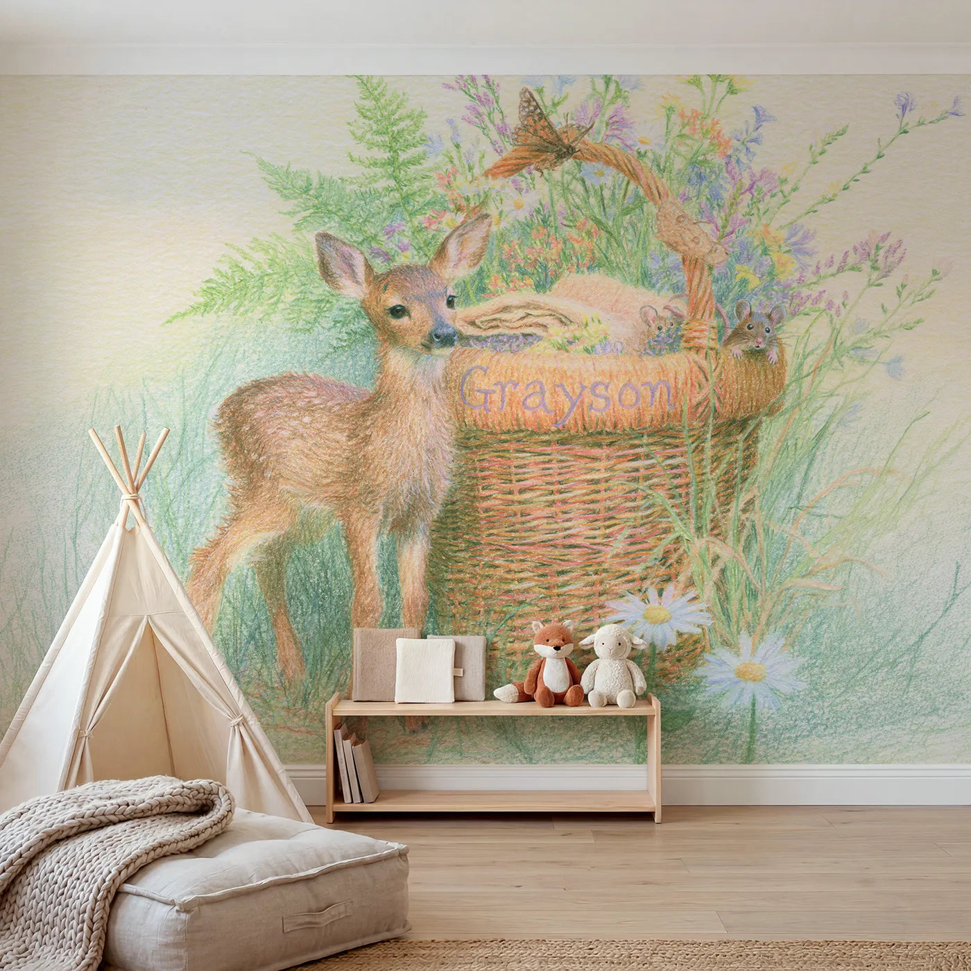 Colored pencil fawn and willow basket personalized wall mural with woven rim band by Whimsy Tots