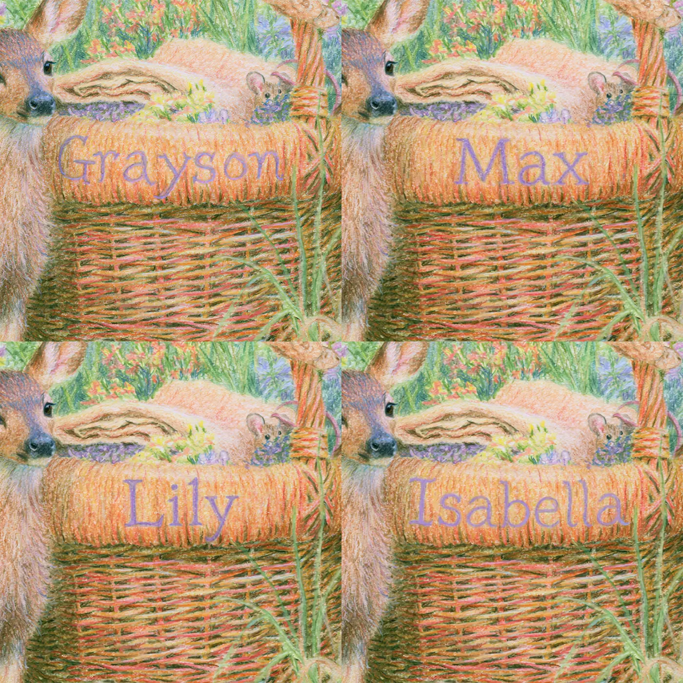 Four name preview examples of Fawn and the Woven Basket Personalized Wall Mural by Whimsy Tots