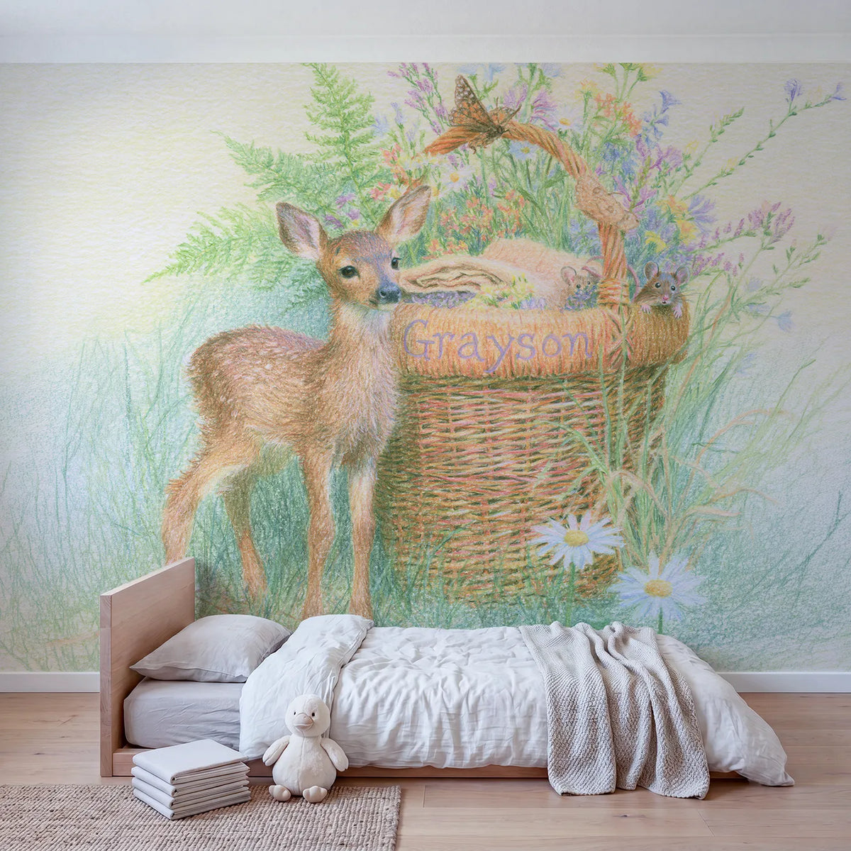 Fawn and the Woven Basket Personalized Wall Mural in playroom setting by Whimsy Tots