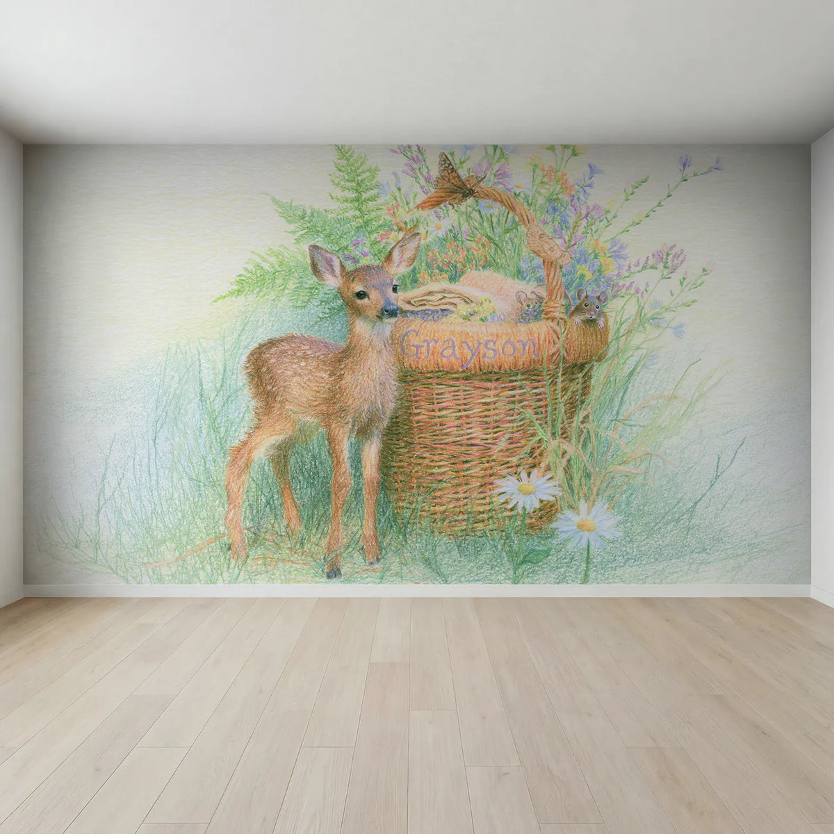 Full view of Fawn and the Woven Basket Personalized Wall Mural by Whimsy Tots