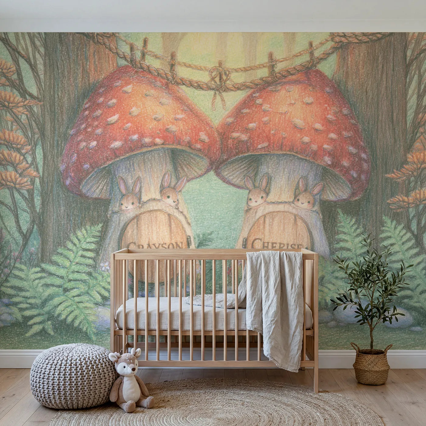 Colored pencil two toadstool doors personalized wall mural with carved sibling names by Whimsy Tots