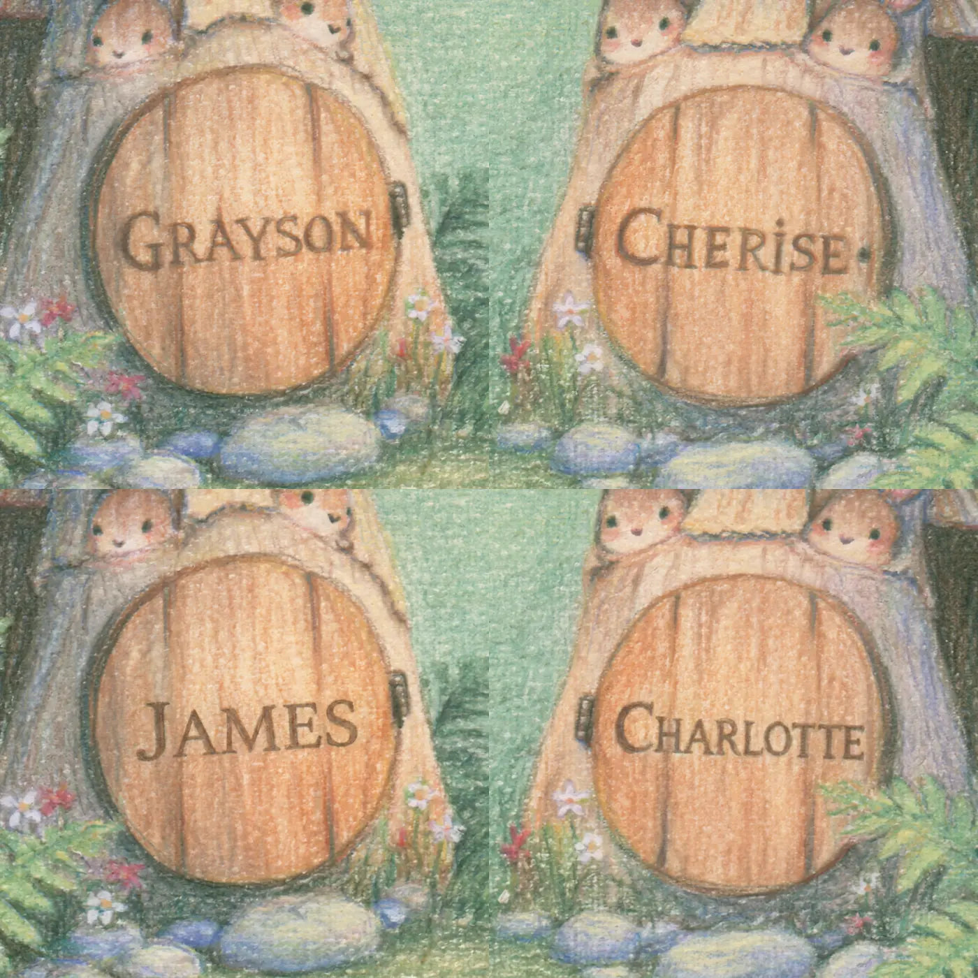 Four name preview examples of Two Bunnies Mushroom Doors Personalized Wall Mural by Whimsy Tots