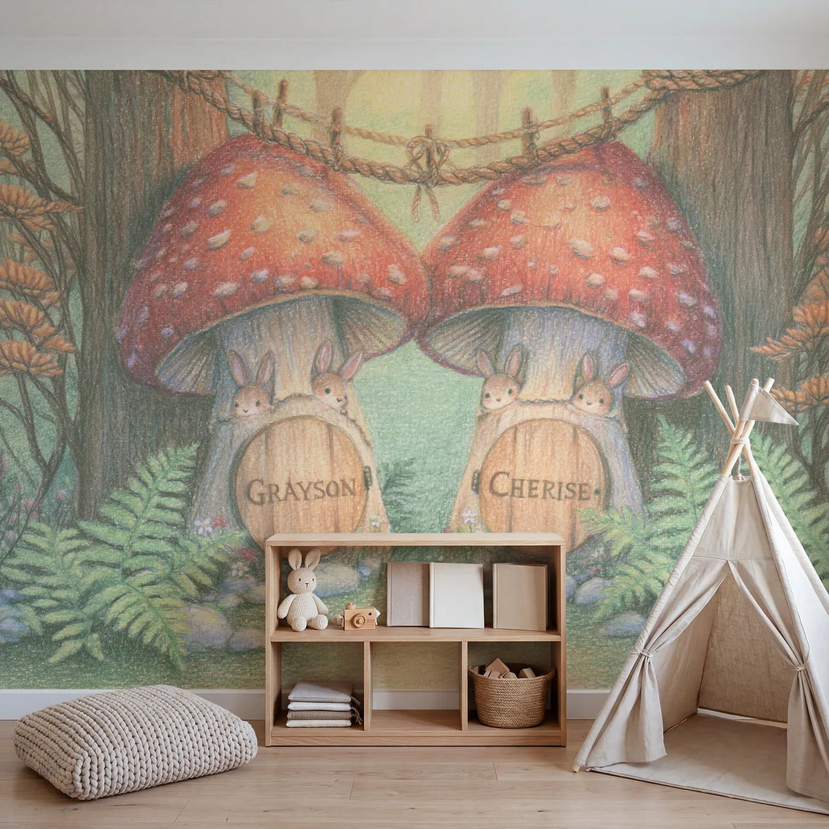Two Bunnies Mushroom Doors Personalized Wall Mural in playroom setting by Whimsy Tots