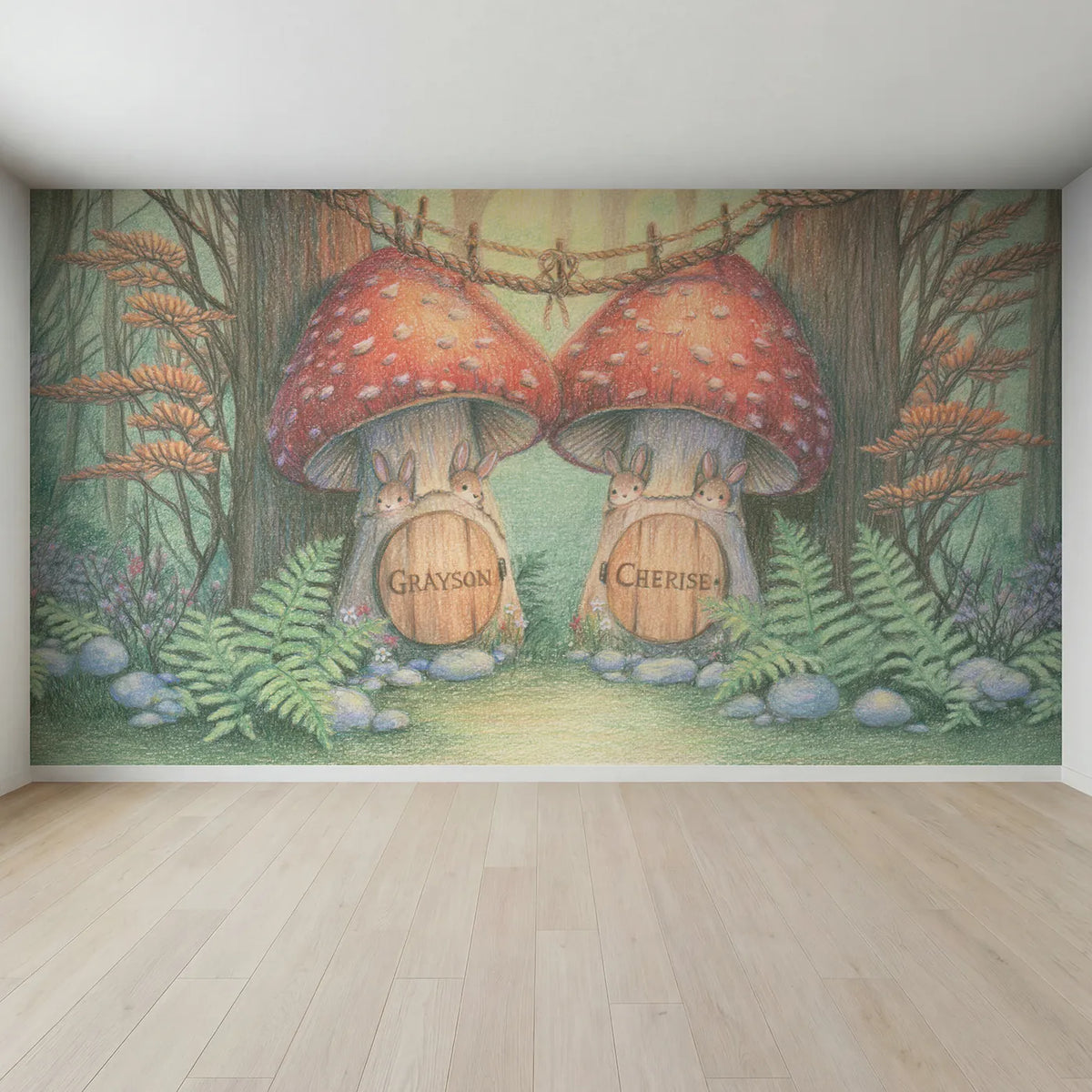 Full view of Two Bunnies Mushroom Doors Personalized Wall Mural by Whimsy Tots