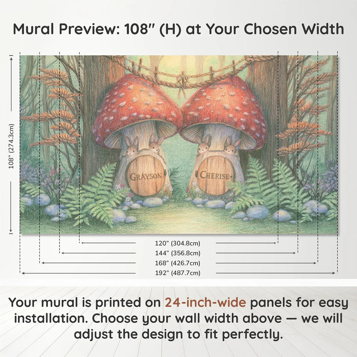 Panel layout and dimensions for Two Bunnies Mushroom Doors Personalized Wall Mural by Whimsy Tots
