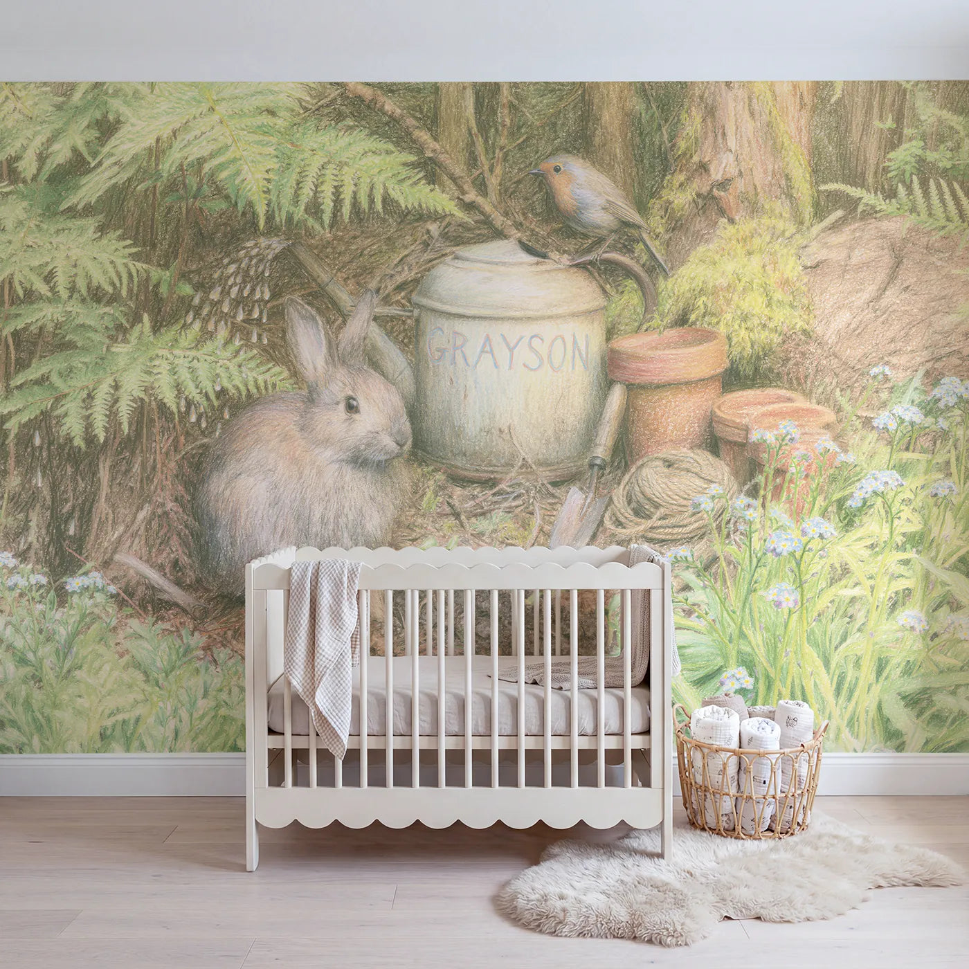 Colored pencil rabbit and watering can personalized wall mural with painted can body by Whimsy Tots
