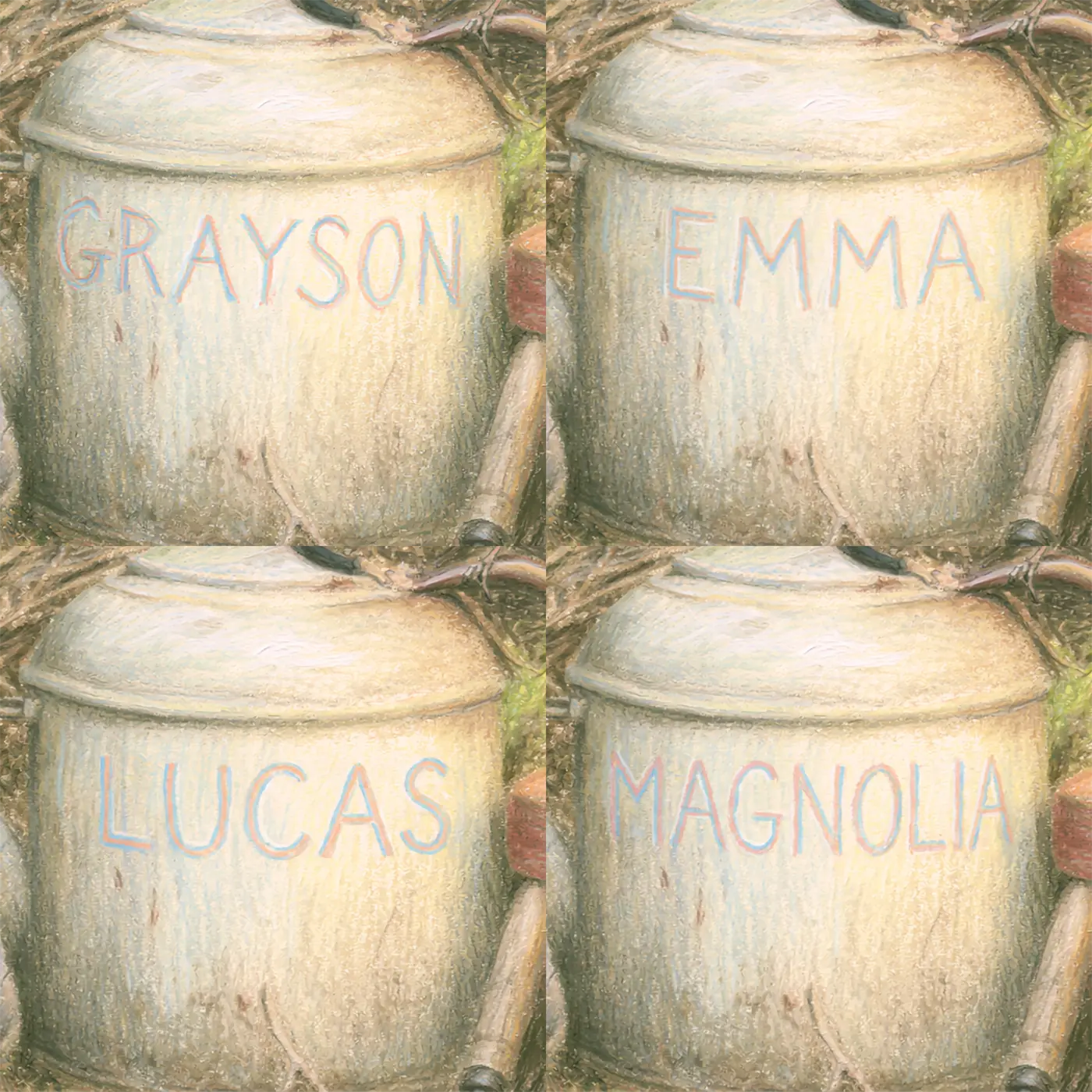 Four name preview examples of Rabbit and the Watering Can Personalized Wall Mural by Whimsy Tots