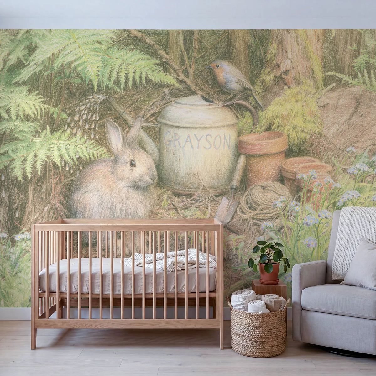 Rabbit and the Watering Can Personalized Wall Mural in playroom setting by Whimsy Tots