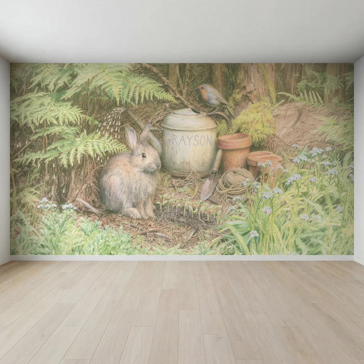 Full view of Rabbit and the Watering Can Personalized Wall Mural by Whimsy Tots