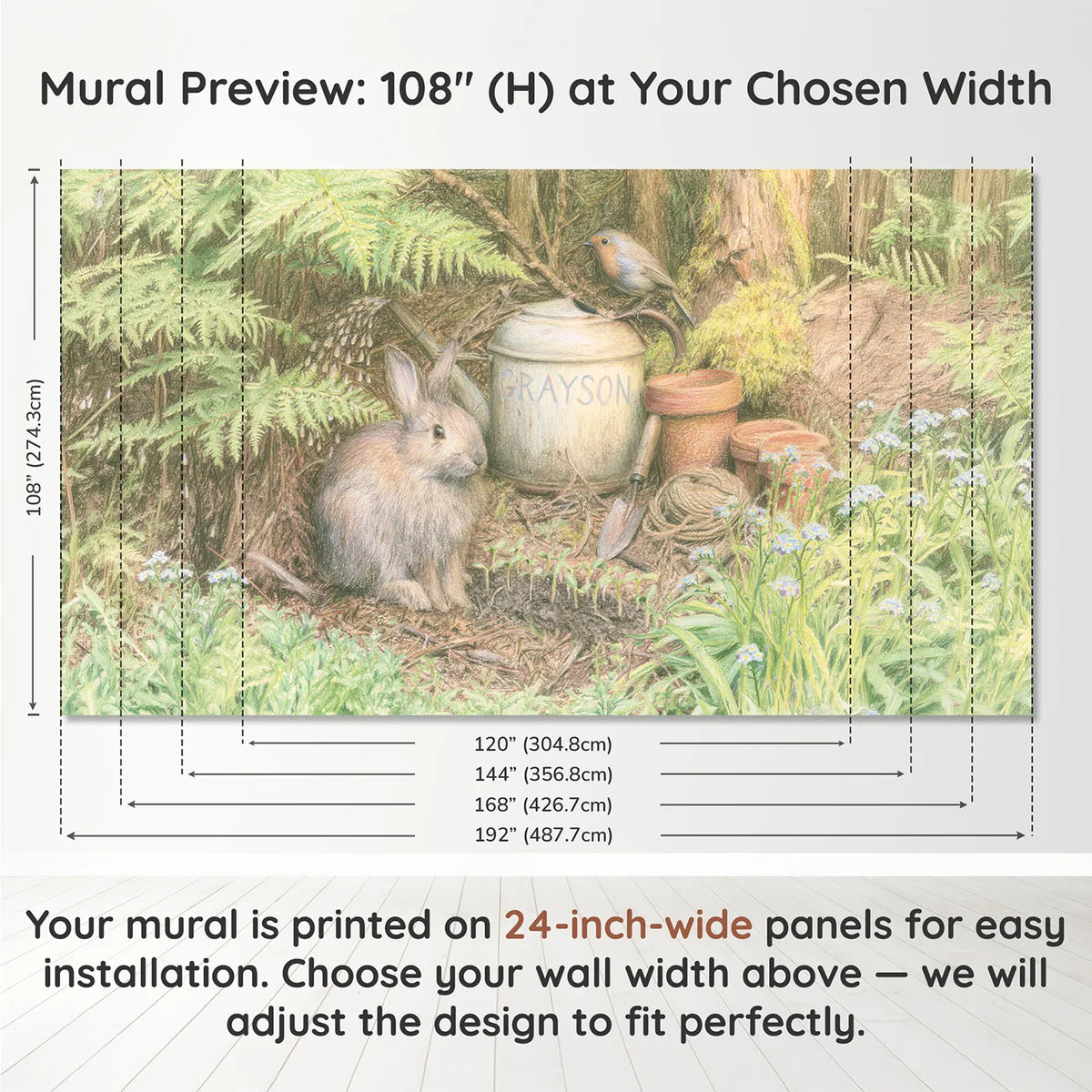 Panel layout and dimensions for Rabbit and the Watering Can Personalized Wall Mural by Whimsy Tots