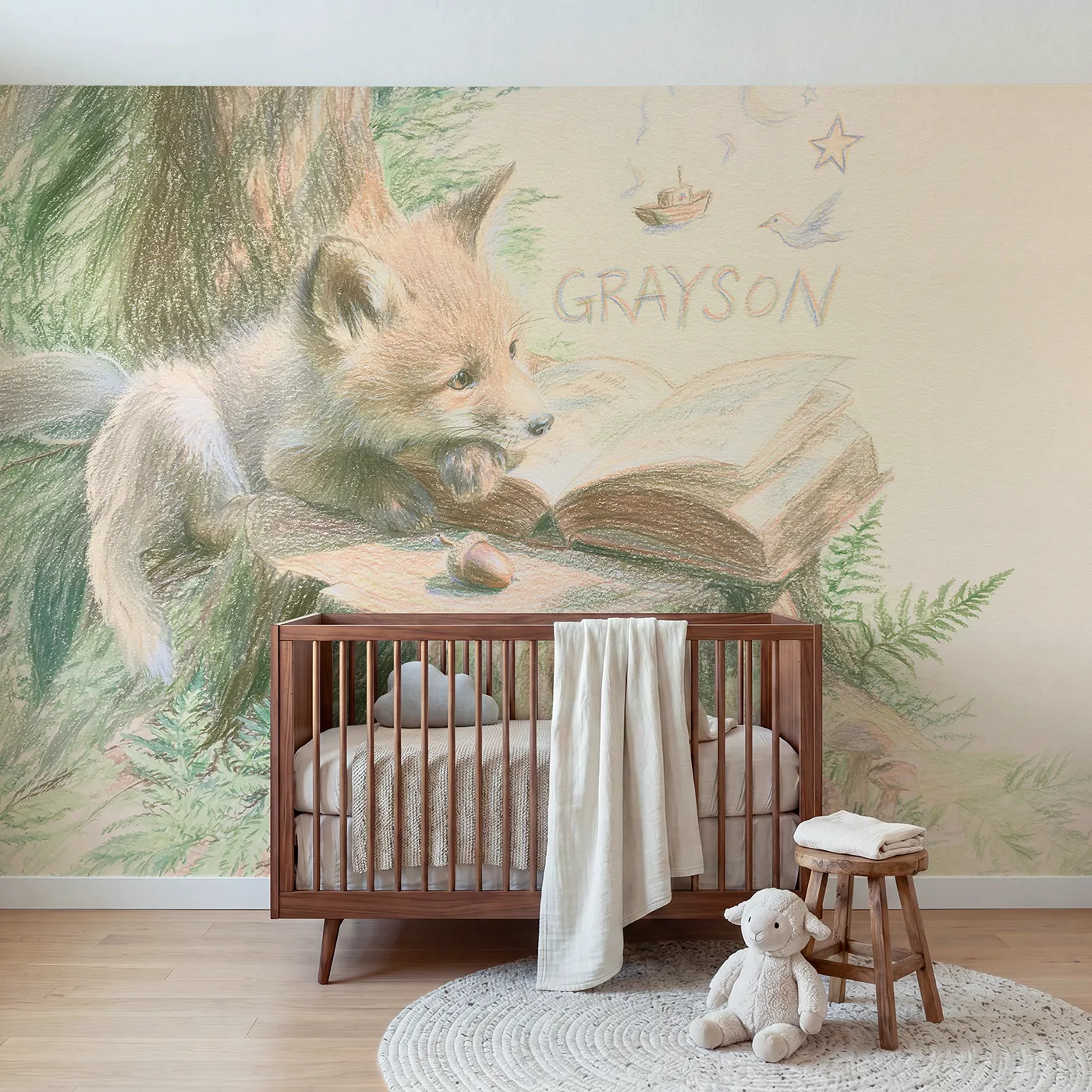 Colored pencil fox kit and storybook personalized wall mural with lettered open page by Whimsy Tots