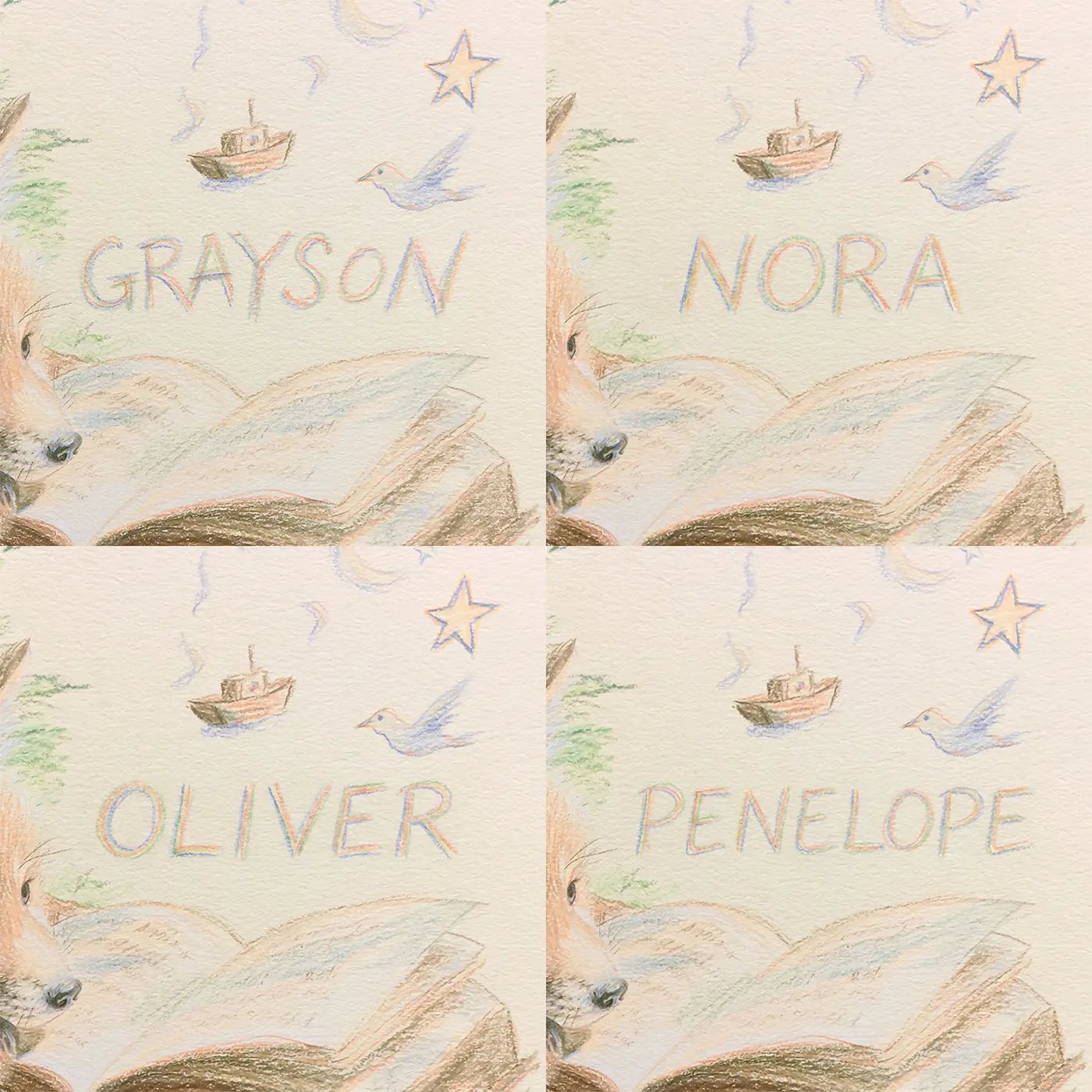 Four name preview examples of Fox Kit and the Open Storybook Personalized Wall Mural by Whimsy Tots