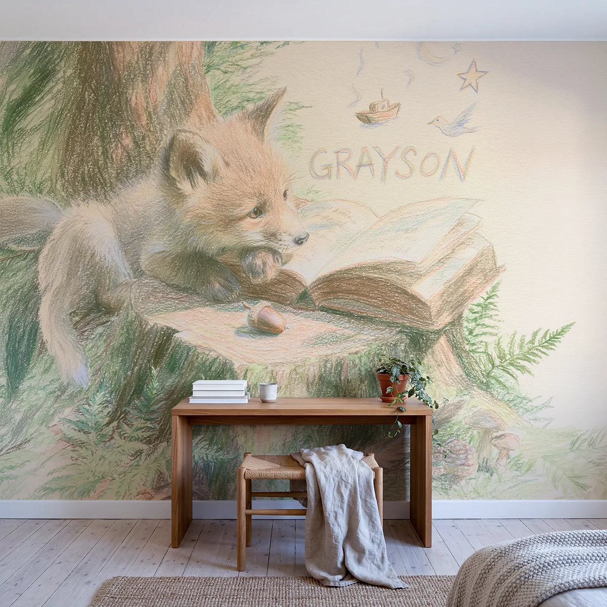 Fox Kit and the Open Storybook Personalized Wall Mural in playroom setting by Whimsy Tots