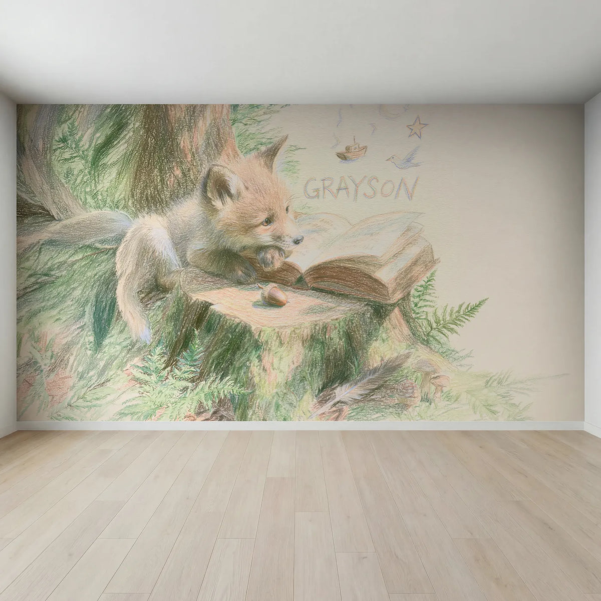 Full view of Fox Kit and the Open Storybook Personalized Wall Mural by Whimsy Tots