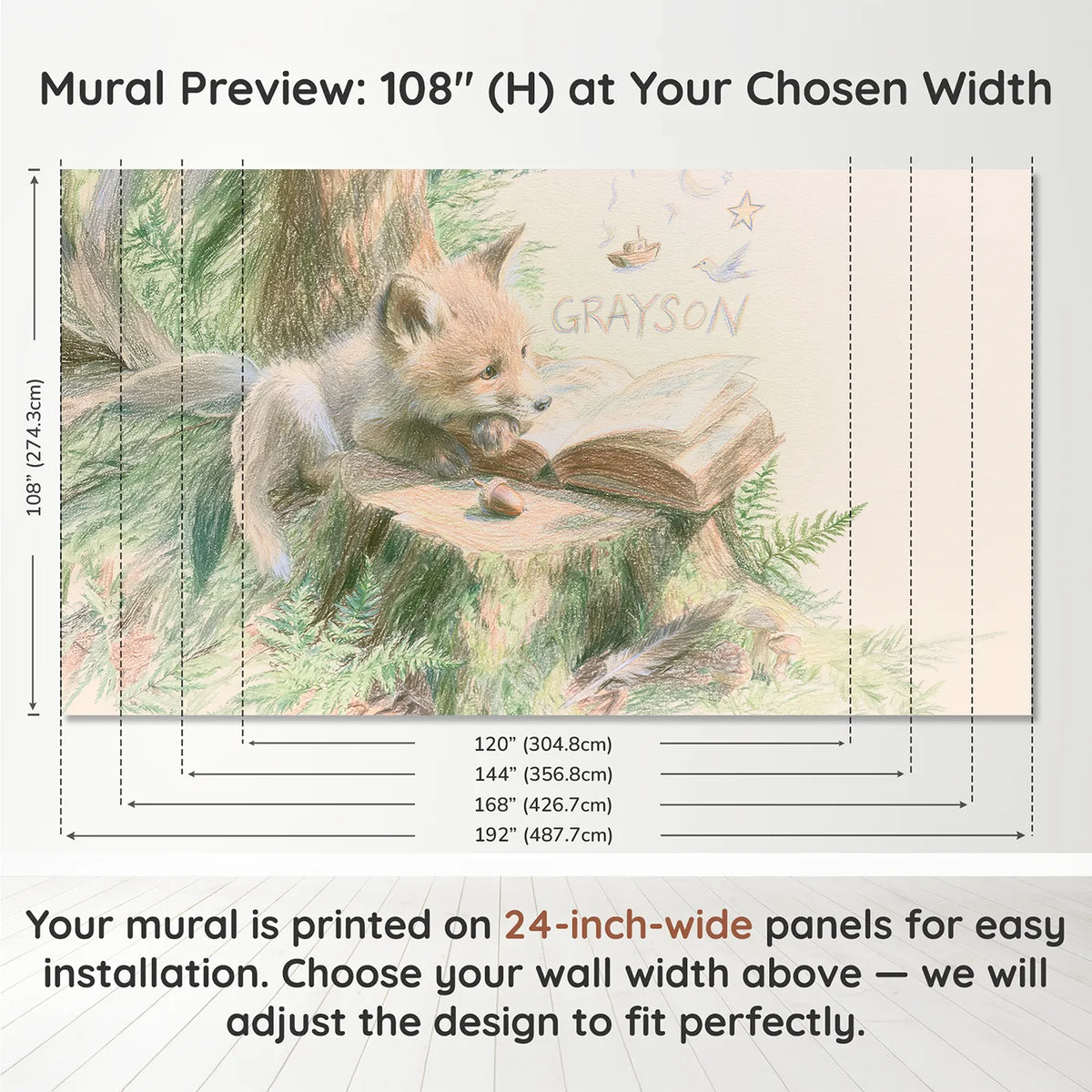 Panel layout and dimensions for Fox Kit and the Open Storybook Personalized Wall Mural by Whimsy Tots
