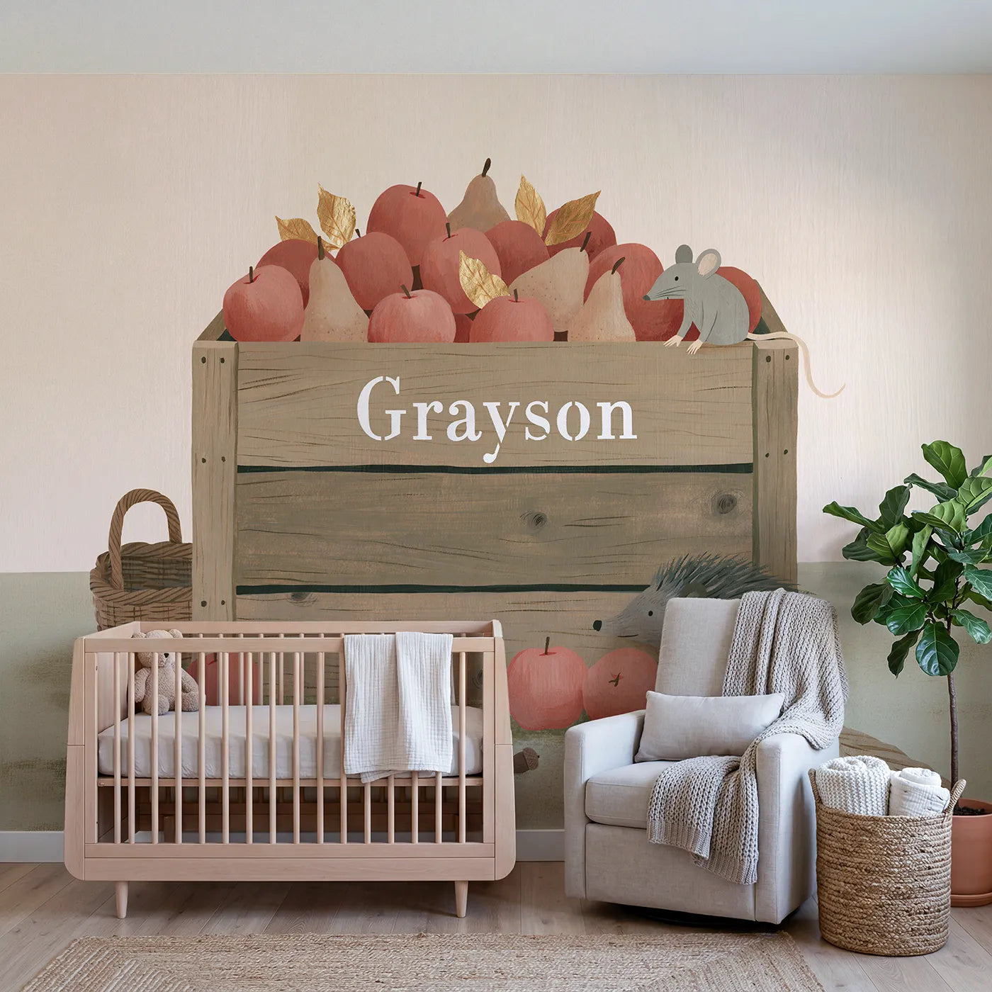 Modern illustration woodland crate personalized wall mural with stencilled front board by Whimsy Tots