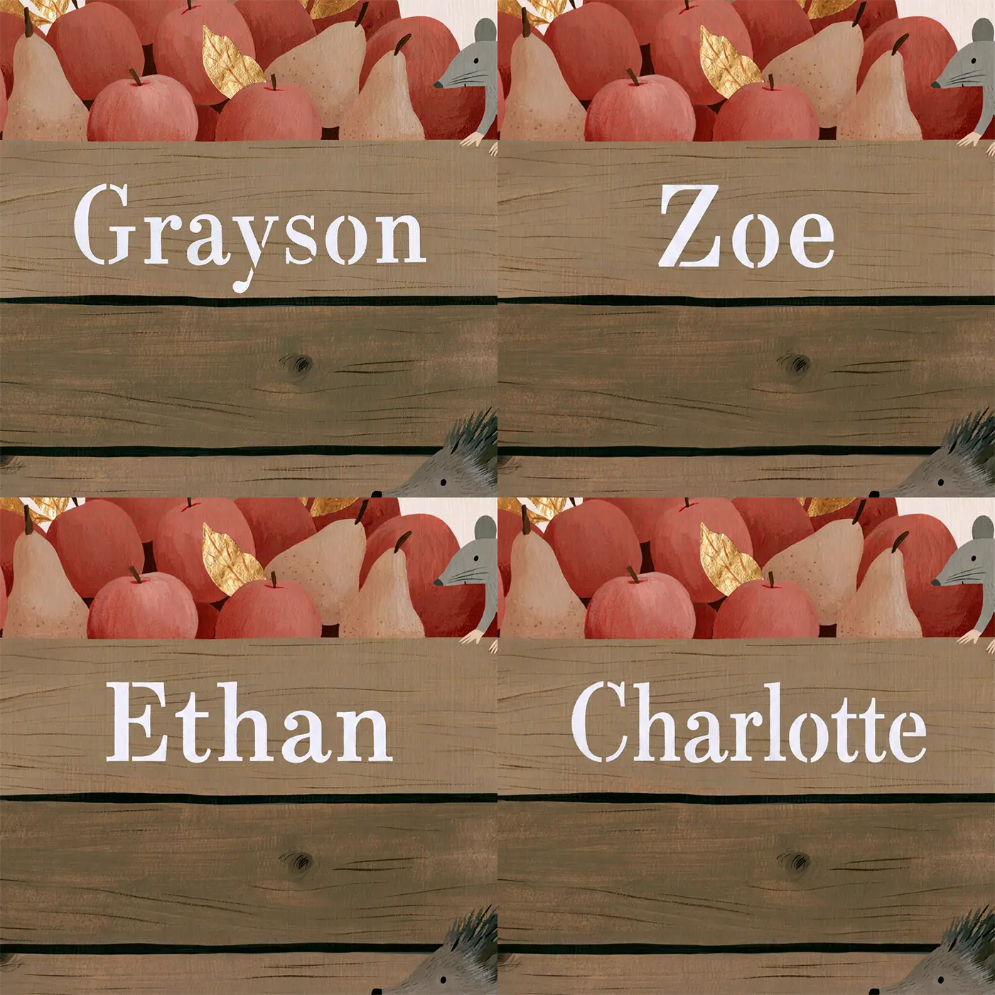Four name preview examples of Woodland Crate Personalized Wall Mural by Whimsy Tots