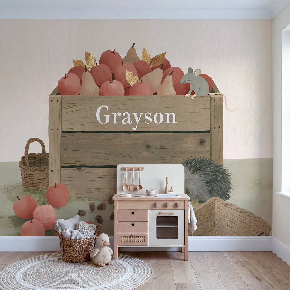 Woodland Crate Personalized Wall Mural in playroom setting by Whimsy Tots