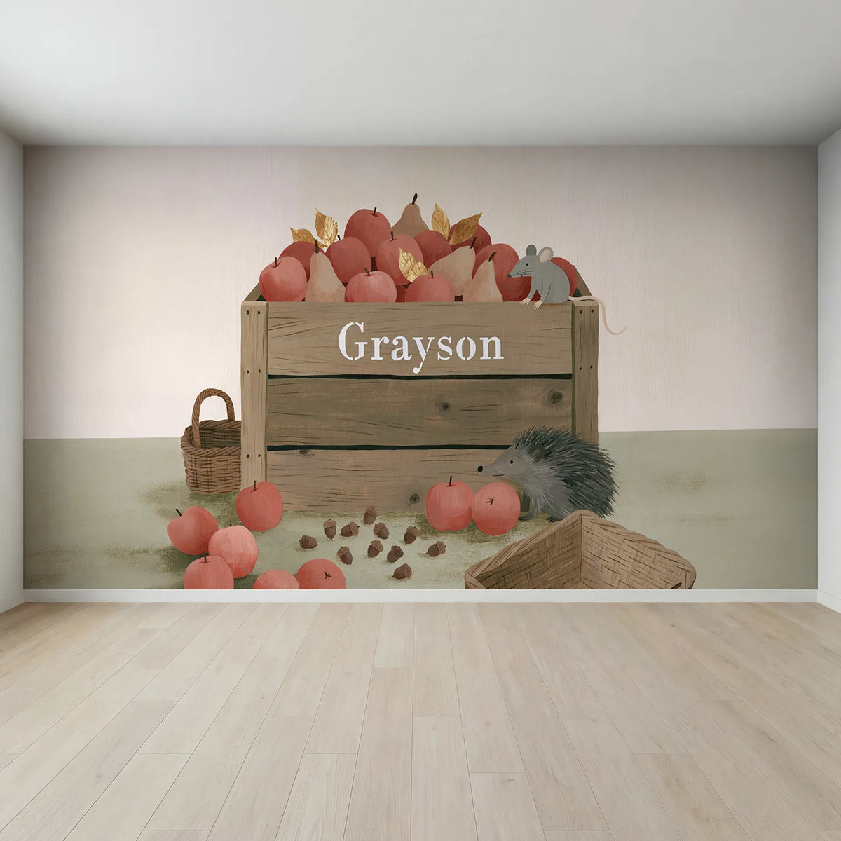 Full view of Woodland Crate Personalized Wall Mural by Whimsy Tots