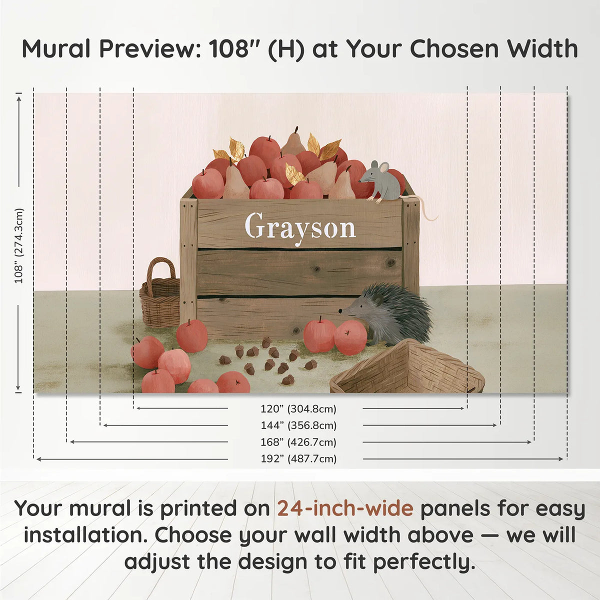 Panel layout and dimensions for Woodland Crate Personalized Wall Mural by Whimsy Tots