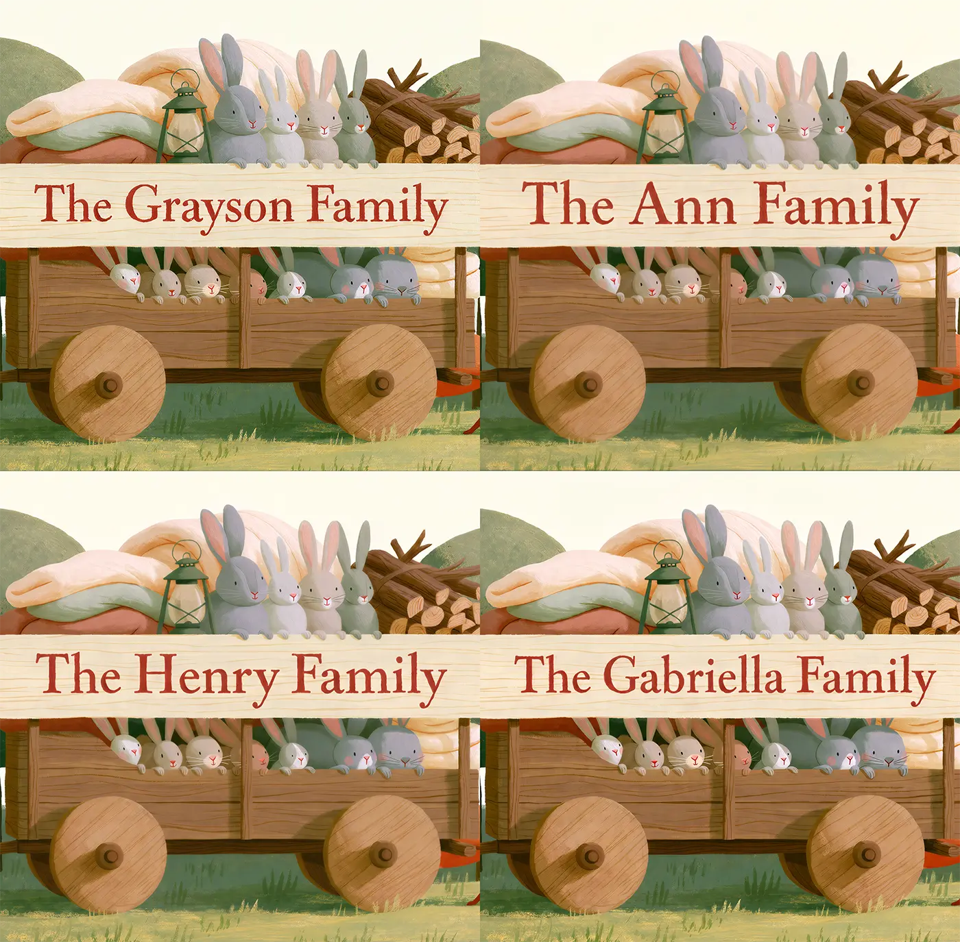 Four name preview examples of Family Wagon Personalized Wall Mural by Whimsy Tots