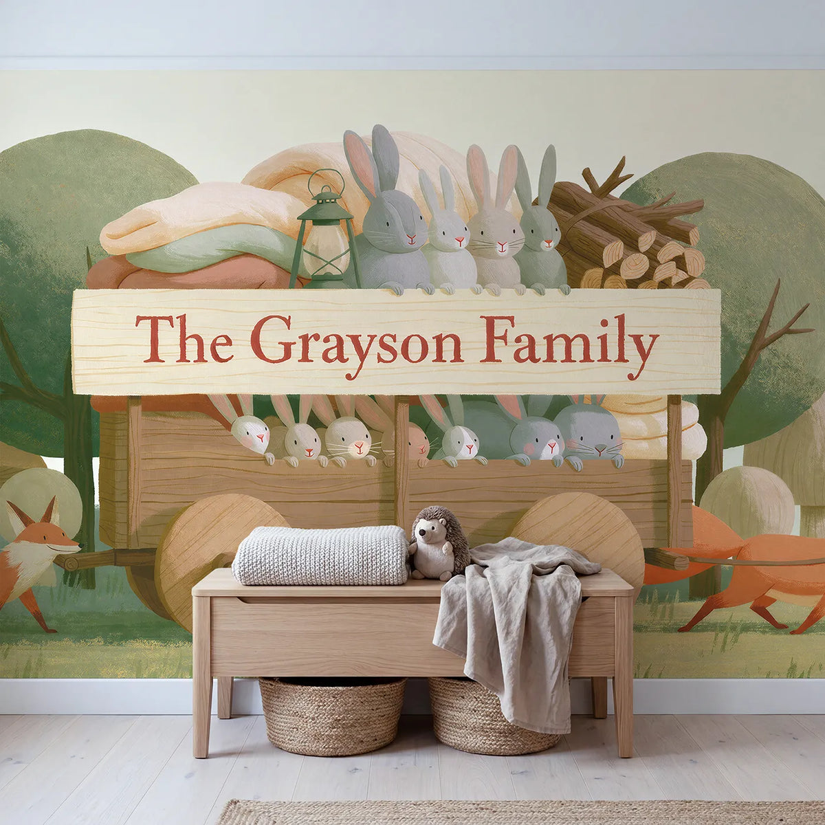 Family Wagon Personalized Wall Mural in playroom setting by Whimsy Tots