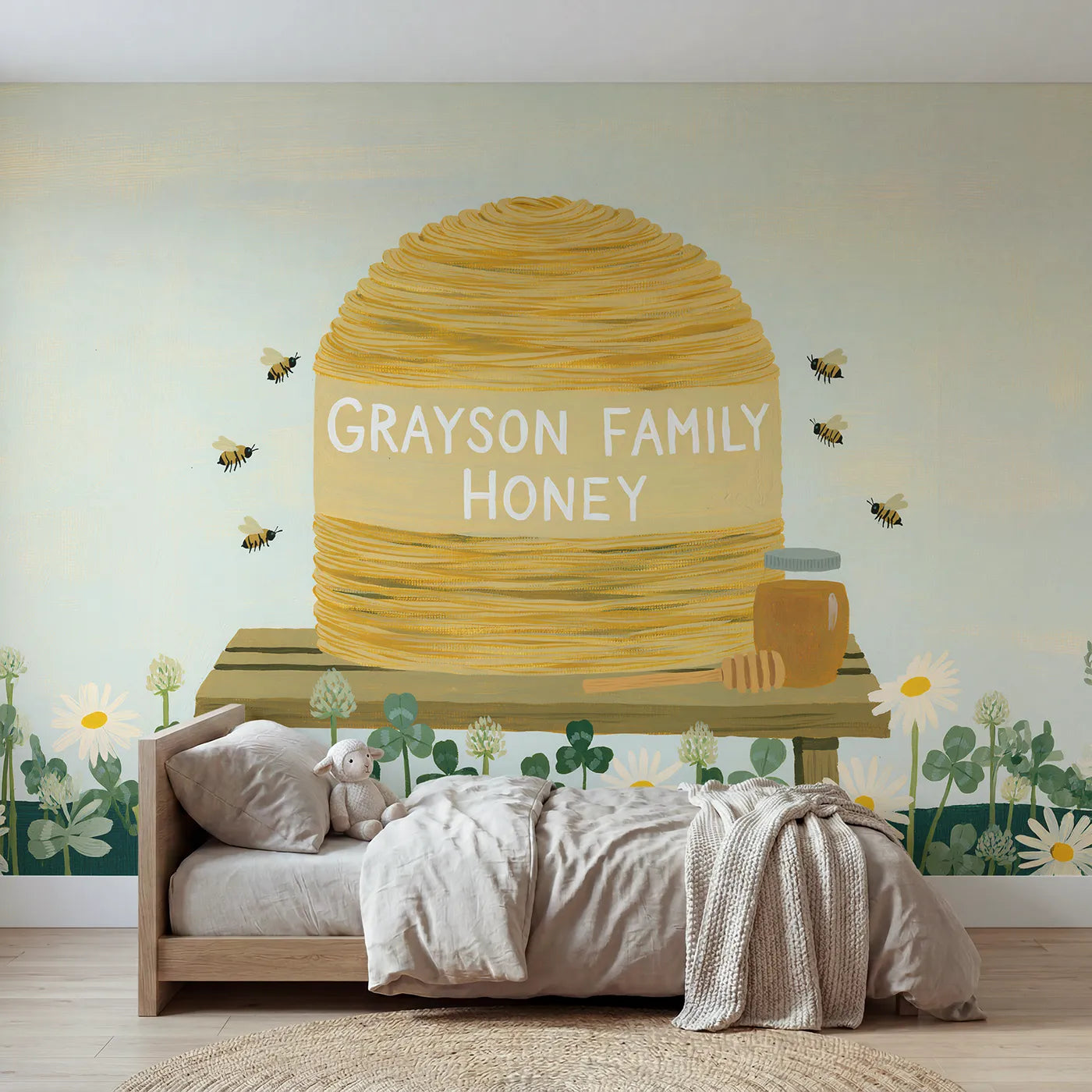 Modern illustration bee skep personalized wall mural with painted family name band by Whimsy Tots