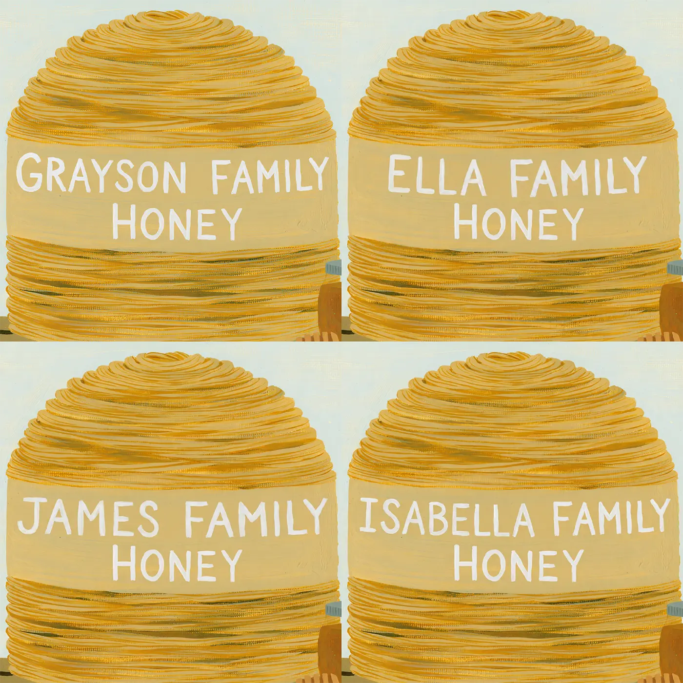 Four name preview examples of Honey Bee Skep Personalized Wall Mural by Whimsy Tots