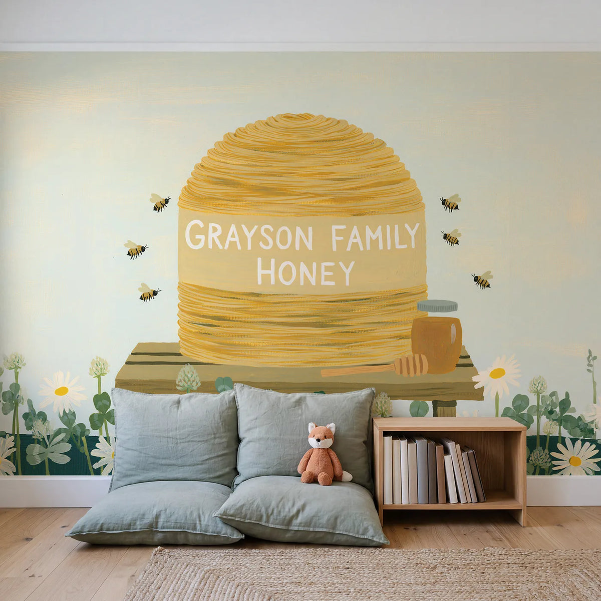 Honey Bee Skep Personalized Wall Mural in playroom setting by Whimsy Tots