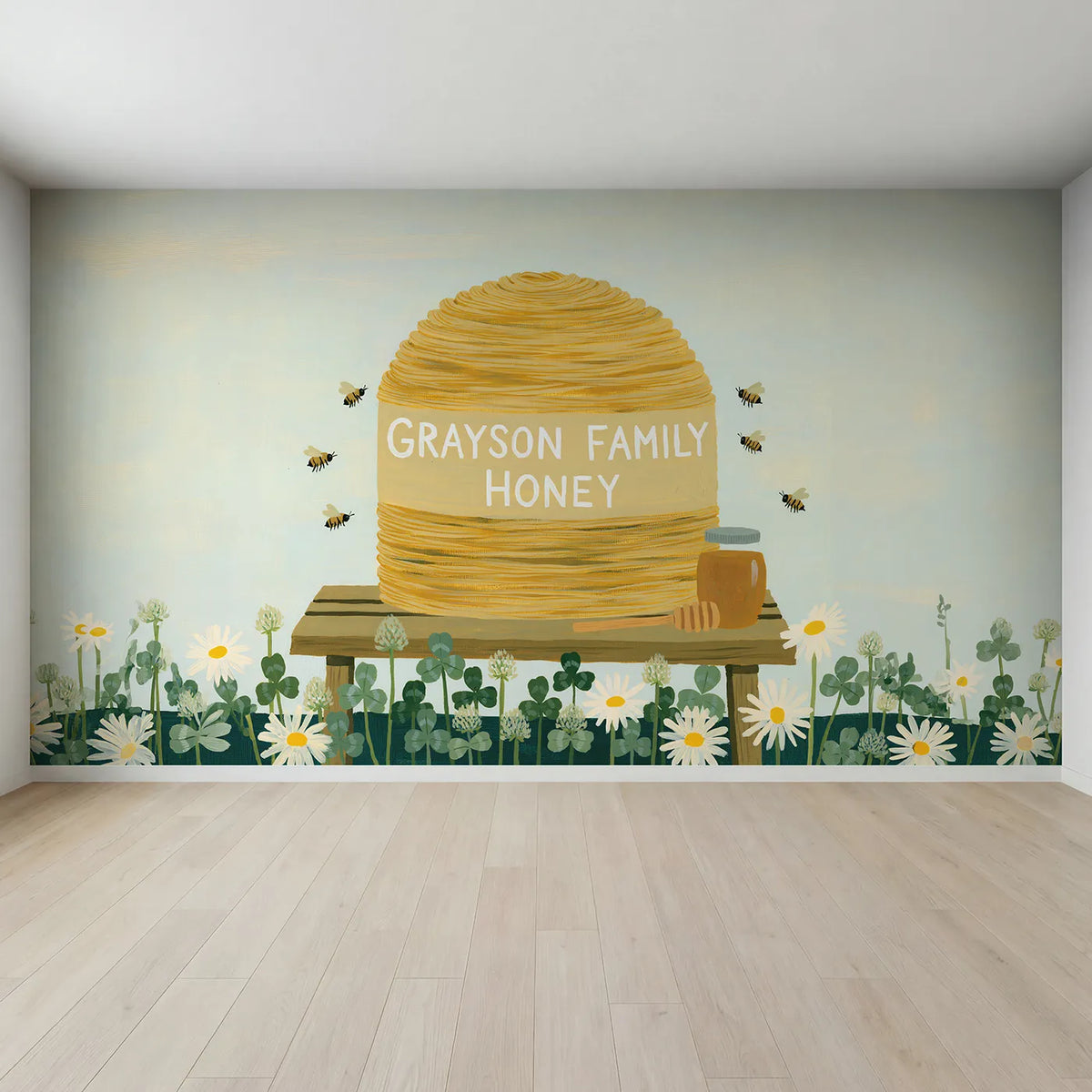 Full view of Honey Bee Skep Personalized Wall Mural by Whimsy Tots