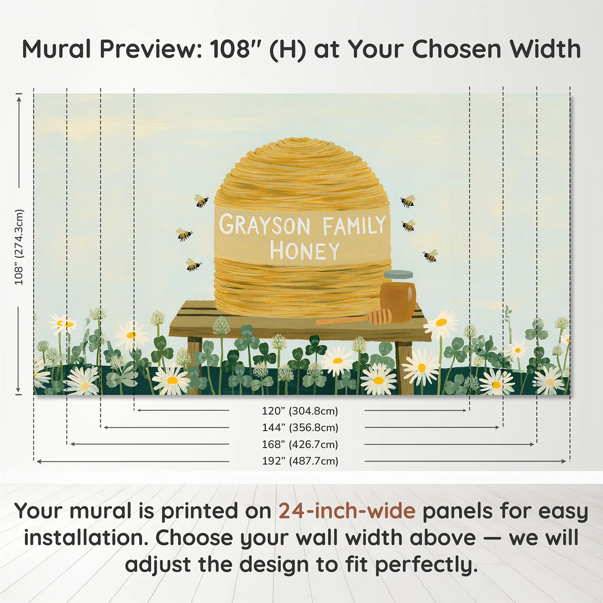 Panel layout and dimensions for Honey Bee Skep Personalized Wall Mural by Whimsy Tots