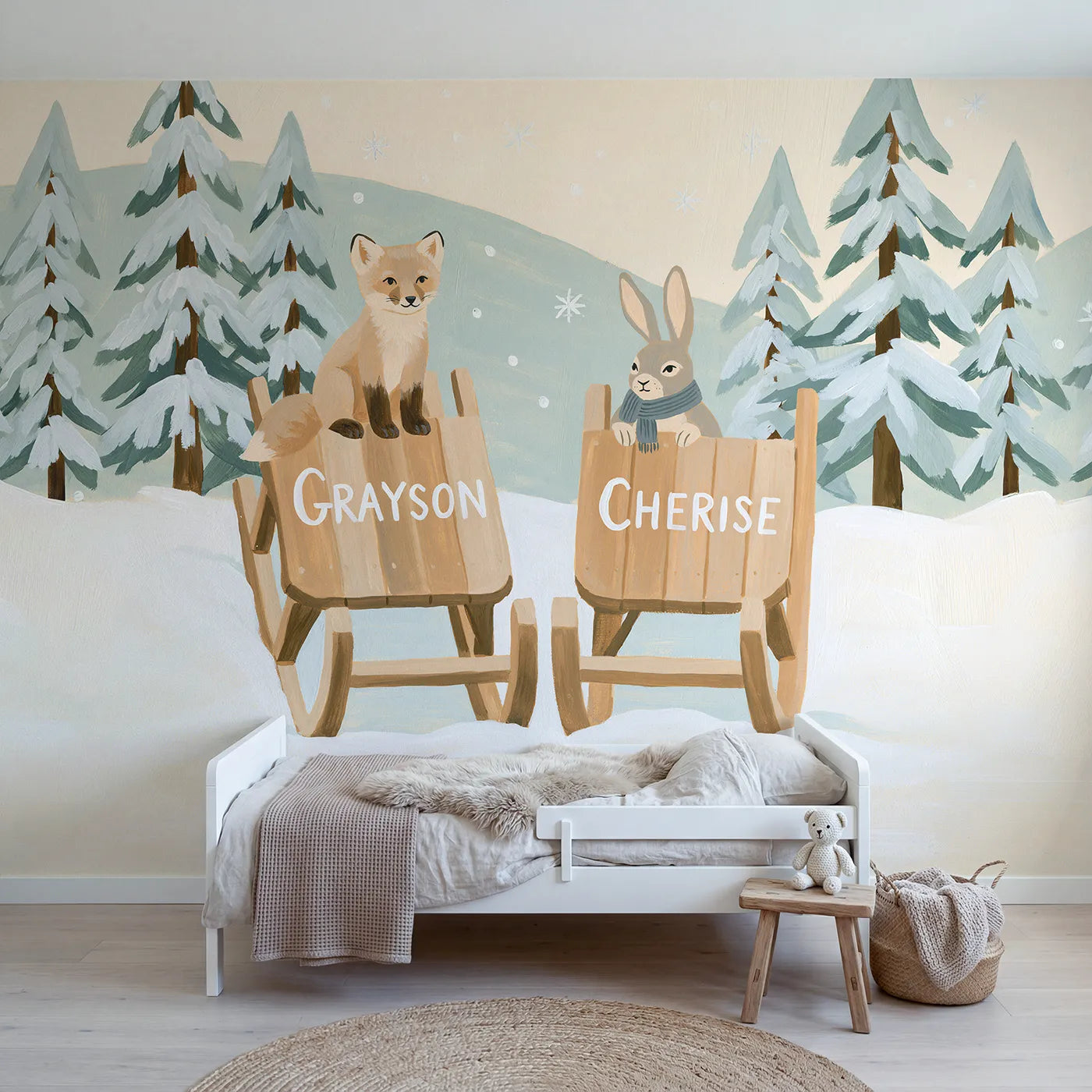 Modern illustration two snow sleds personalized wall mural with painted sibling decks by Whimsy Tots