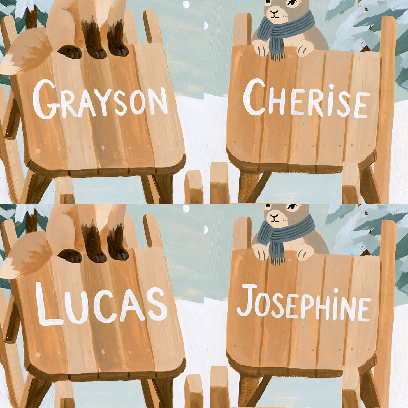 Four name preview examples of Two Sleds in the Snow Personalized Wall Mural by Whimsy Tots