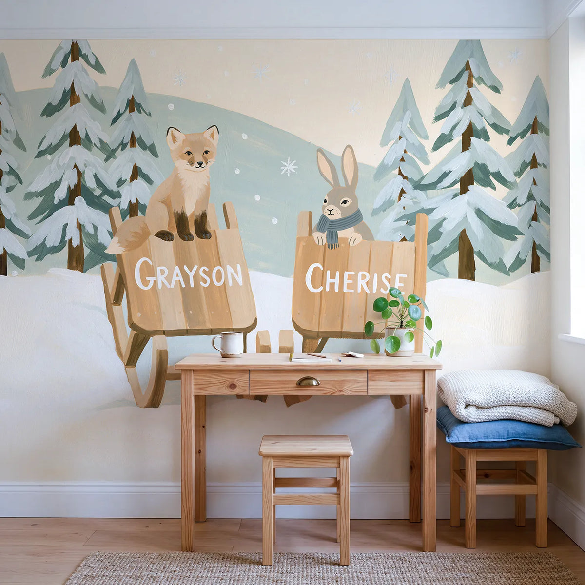 Two Sleds in the Snow Personalized Wall Mural in playroom setting by Whimsy Tots