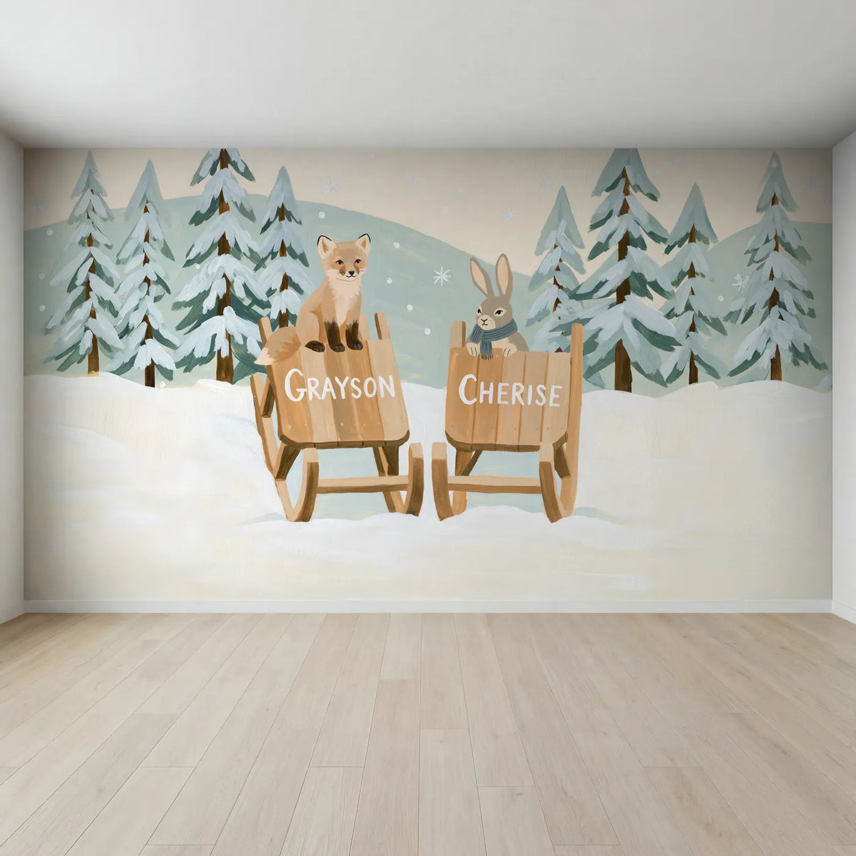 Full view of Two Sleds in the Snow Personalized Wall Mural by Whimsy Tots