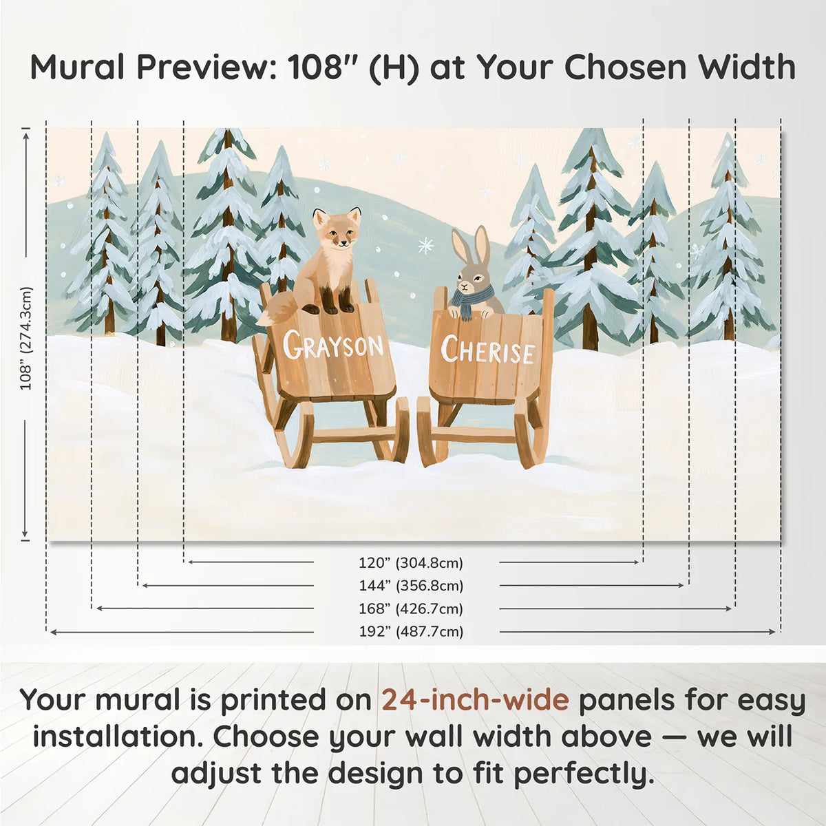 Panel layout and dimensions for Two Sleds in the Snow Personalized Wall Mural by Whimsy Tots