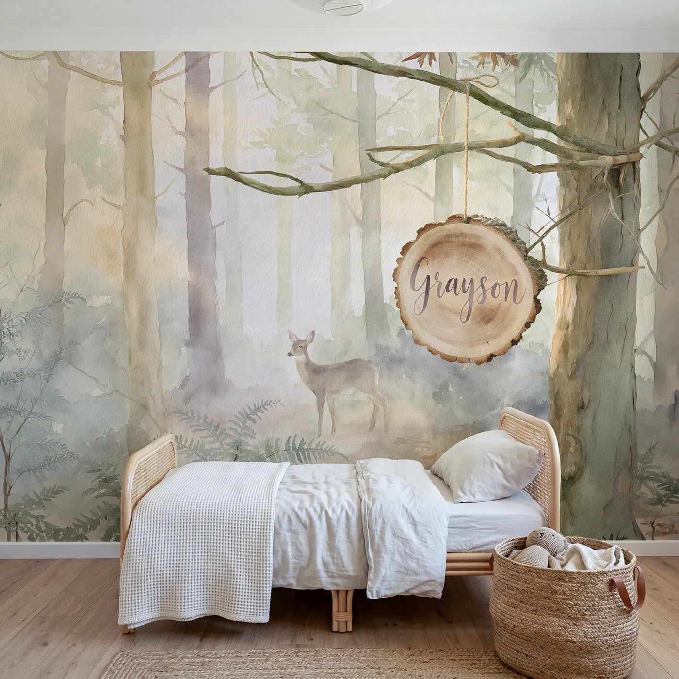 Watercolor misty woodland log slice personalized wall mural with brushed bold script by Whimsy Tots