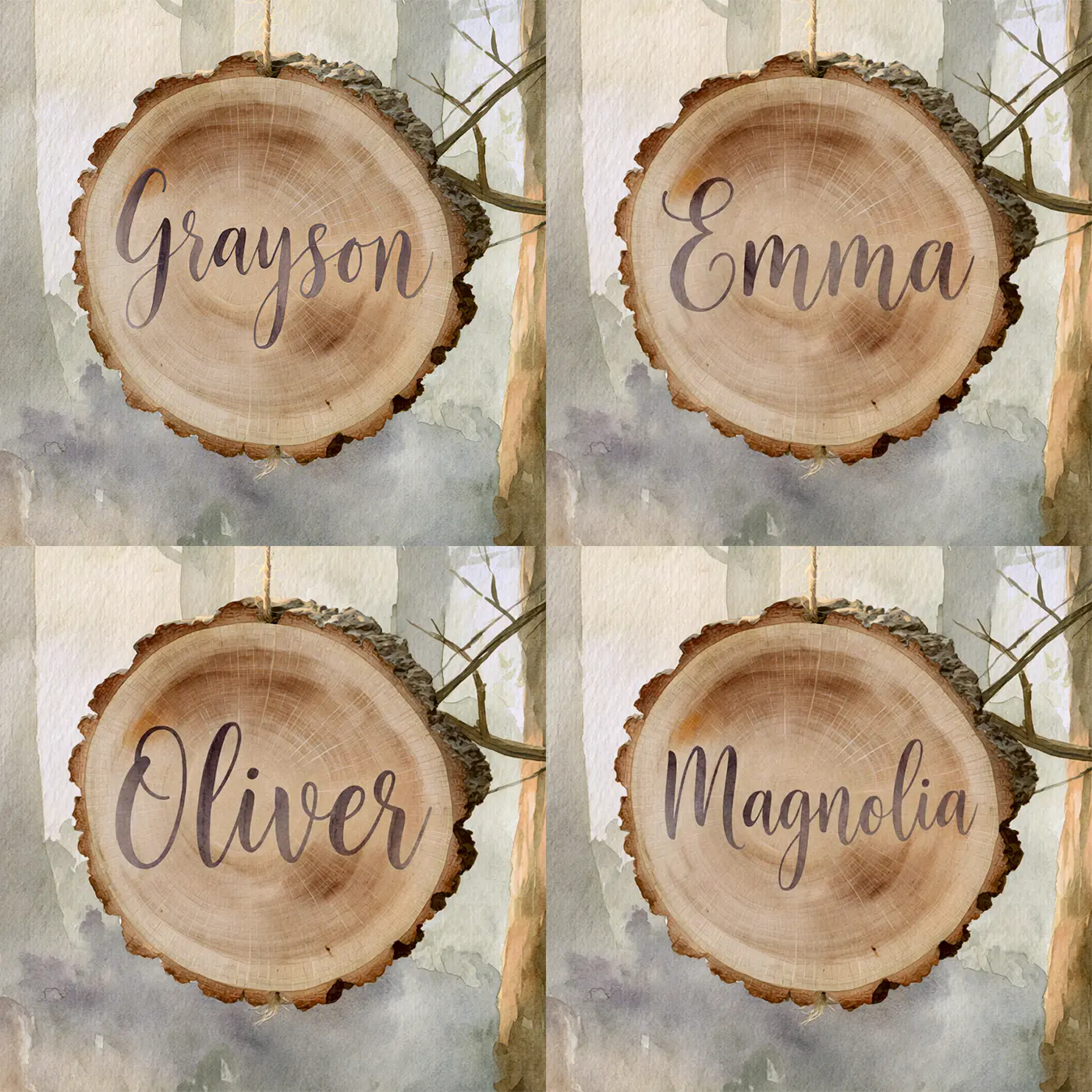 Four name preview examples of Misty Morning Log Slice Personalized Wall Mural by Whimsy Tots