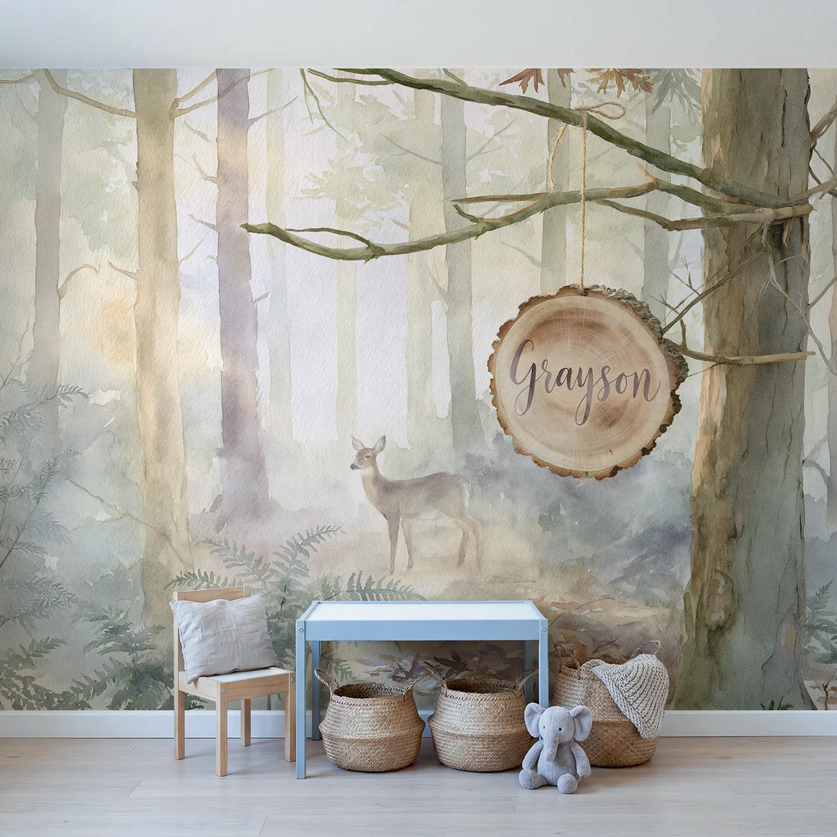 Misty Morning Log Slice Personalized Wall Mural in playroom setting by Whimsy Tots