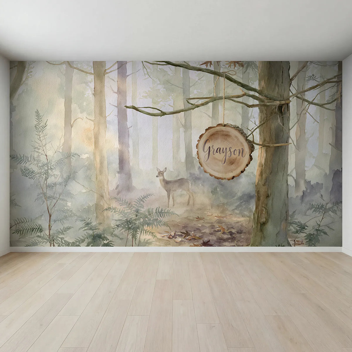 Full view of Misty Morning Log Slice Personalized Wall Mural by Whimsy Tots